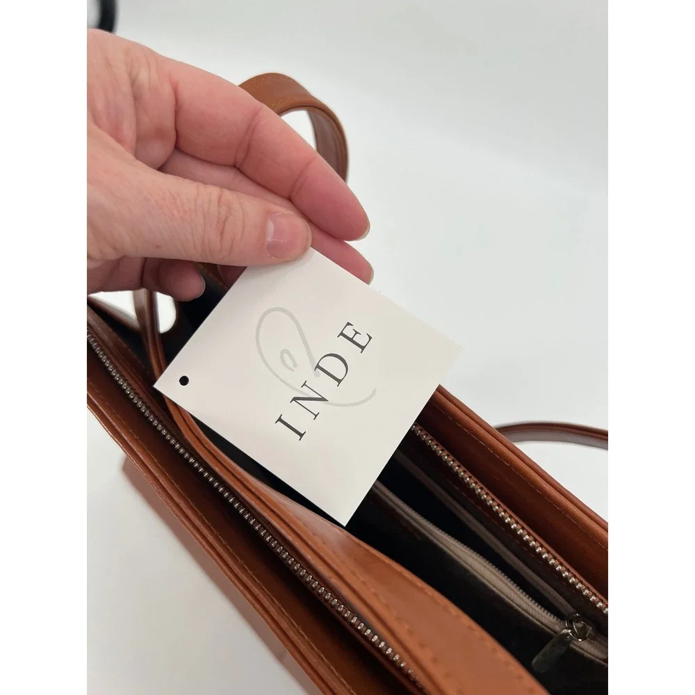 Vintage INDE Cognac Brown Leather Trapezoid Shoulder Bag Minimalist Tote 90s Y2K